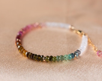 Dainty Tourmaline and Rainbow Moonstone Bracelet | Minimalist Ombre Crystal Healing Bracelet | Handmade Gold Filled Non Tarnish Jewelry