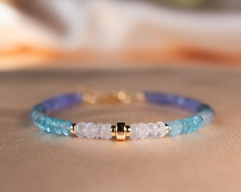 Moonstone & Aquamarine Beaded Bracelet | “Moonrise” Dainty Tanzanite and Apatite Gemstones | Gold Filled Non Tarnish Jewelry for Stacking