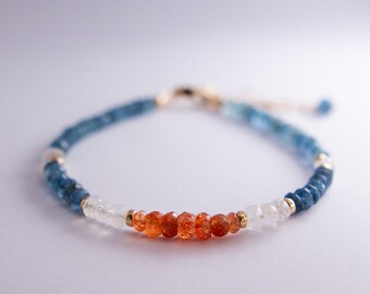 Sunstone Aquamarine & Moonstone Beaded Bracelet | Handcrafted Dainty Gemstone Gold Filled Jewelry for Stacking and Layering