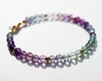 Dainty Rainbow Flourite Bracelet | Minimalist Ombre Natural Crystal Bracelet | Handmade Gold Filled Jewelry | Gift for Her