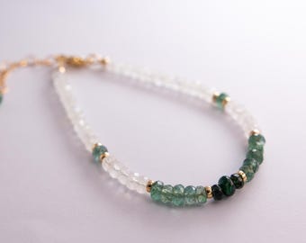 Elegant Emerald & Moonstone Beaded Bracelet | Handcrafted Dainty Gemstone Gold Filled Jewelry | Natural Real Emerald