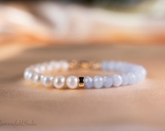 Aquamarine and Pearl Bracelet | Gold Filled Gemstone Jewelry | Handmade Gift for Her | March and June Birthstone