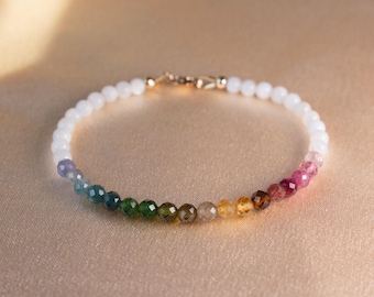Rainbow Tourmaline Pride Bracelet | Dainty Gemstone and Mother of Pearl | LGBT Pride Gemstone Jewelry