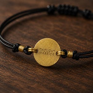 May include: A close-up of a black cord bracelet with a circular, gold-colored pendant. The pendant has the words "THOUGHT WARRIOR" engraved on it. The bracelet is on a dark wooden surface.