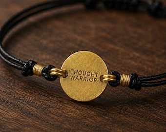 Men's Brass Bracelet | Thought Warrior | Inspirational Adjustable Cord Bracelet | Mental Health Gift for Him