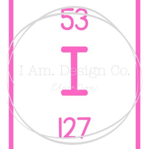 May include: A white background with a pink square frame. Inside the frame is a stylized pink letter "I" with the numbers "53" and "127" above and below it. The text "I Am. Design Co. Education" is also present.