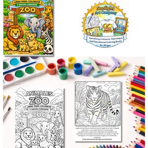 May include: A collection of coloring books, art supplies, and a logo for Sunlight Art Company. The coloring books feature zoo animals and the text "ANIMALES DEL ZOO". Crayons, paint, and colored pencils are also visible.