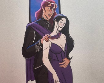 May include: A couple in formal attire, the woman in a purple dress with a dagger on her leg, the man in a black suit with a purple sash, standing in front of a stained glass window.