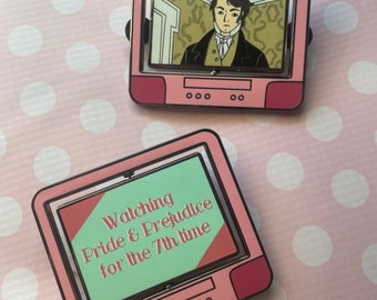 Pride and Prejudice Spinning Pink TV Pin