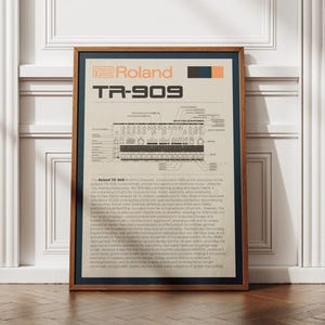 May include: A framed poster featuring a technical diagram and historical description of the Roland TR-909 rhythm composer. The print has a beige background with black text and a small colour block graphic in the top right corner, encased in a wood frame.