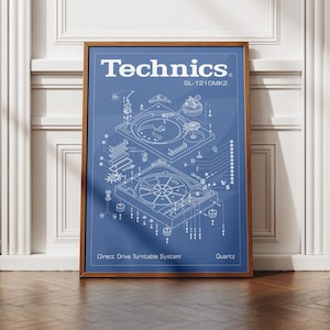 Puede incluir: Un póster azul enmarcado que presenta un diagrama técnico de despiece en blanco de un tocadiscos Technics SL-1210MK2. La impresión incluye el texto Technics, SL-1210MK2, Direct Drive Turntable System y Quartz, en un marco de madera.