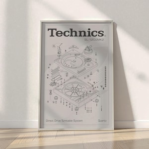 Op de afbeelding: Een ingelijste poster met een technisch explosie-diagram van een Technics SL-1200MK2 draaitafelsysteem. De zwarte lijntekening op een lichtgrijze achtergrond toont individuele componenten, schroeven en onderdelen met de tekst Technics.