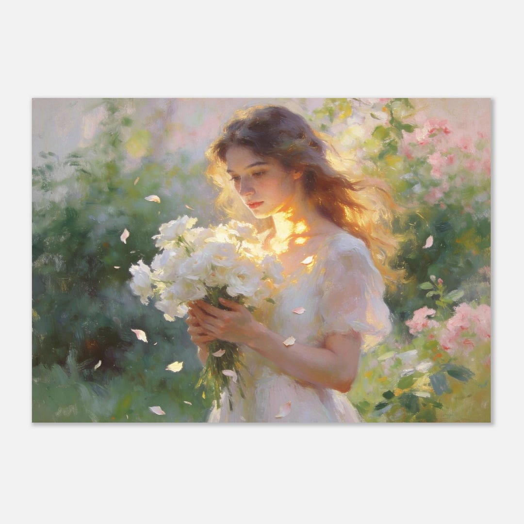 Woman Holding White Flowers Art Print – Elegant Floral Wall Art ...