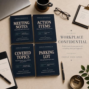 May include: Four dark blue notebooks with cream-colored text titled Meeting Notes, Action Items, Covered Topics, and Parking Lot. Each notebook features the text Workplace Confidential and Stitch & Strategy, arranged with a pen, glasses, and a clipboard.