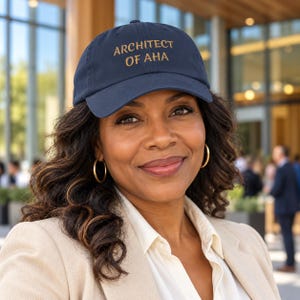 May include: A navy blue baseball cap featuring the text ARCHITECT OF AHA embroidered in gold thread on the front panel. The cap has a structured crown, a curved brim, and a button on top, providing a classic look with clear, legible lettering.