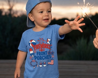 Camiseta infantil del 4 de julio - Camiseta de fuegos artificiales y porches - Camiseta patriótica infantil - rojo, blanco y azul