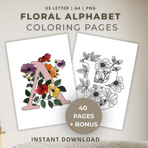 Kleurboek bloemen alfabet | Ontspannende botanische kleurplaten letter A-Z voor volwassenen | Afdrukbaar en digitaal