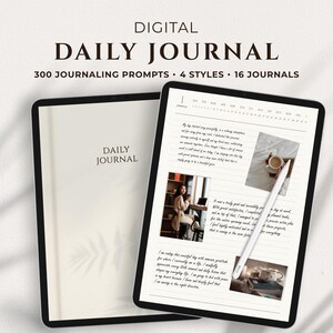 Op de afbeelding: Een digitaal dagboek weergegeven op twee tablets, met 300 dagboekprompts, 4 stijlen en 16 dagboeken. Het scherm toont handgeschreven tekst, foto's en een witte stylus. De tekst luidt DIGITAL DAILY JOURNAL 300 JOURNALING PROMPTS 4 STYLES 16 JOURNALS.