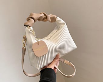 Striped Handbag for Women, Trendy Folded Shoulder Bag, Minimalist Square Tote Purse, Large Capacity Everyday Bag, Fashion Crossbody