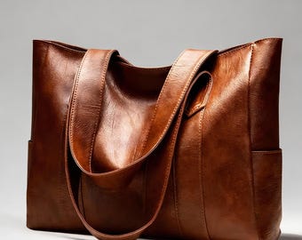 Minimalist Leather Tote Bag for Women, Large Everyday Shoulder Bag in Black or Brown