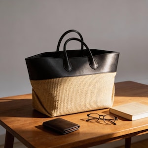 Può includere: Una borsa tote bicolore con parte superiore e manici in pelle nera e fondo beige intrecciato. Un portafoglio in pelle marrone, occhiali e un libro sono appoggiati su un tavolo di legno accanto alla borsa.