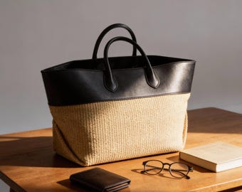 Luxury Genuine Leather Straw Tote Bag – Large Capacity Commuter Handbag, Contrast Stitching Designer Wing-Shaped Tote