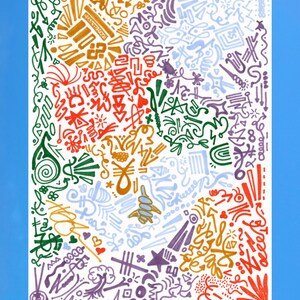 Puede incluir: Una colorida obra de arte abstracto con un borde azul. La obra presenta una variedad de formas y símbolos en un espectro de colores, incluyendo rojo, naranja, amarillo, verde, azul y morado. El diseño es intrincado y detallado.