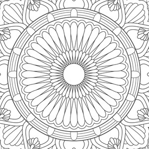 May include: Black and white mandala design with intricate floral patterns. The central focus is a large, circular design with petal-like shapes radiating outwards. The image is suitable for coloring or as a decorative element.
