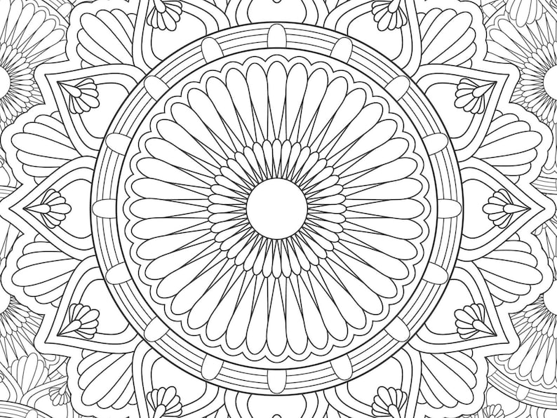 May include: Black and white mandala design with intricate floral patterns. The central focus is a large, circular design with petal-like shapes radiating outwards. The image is suitable for coloring or as a decorative element.