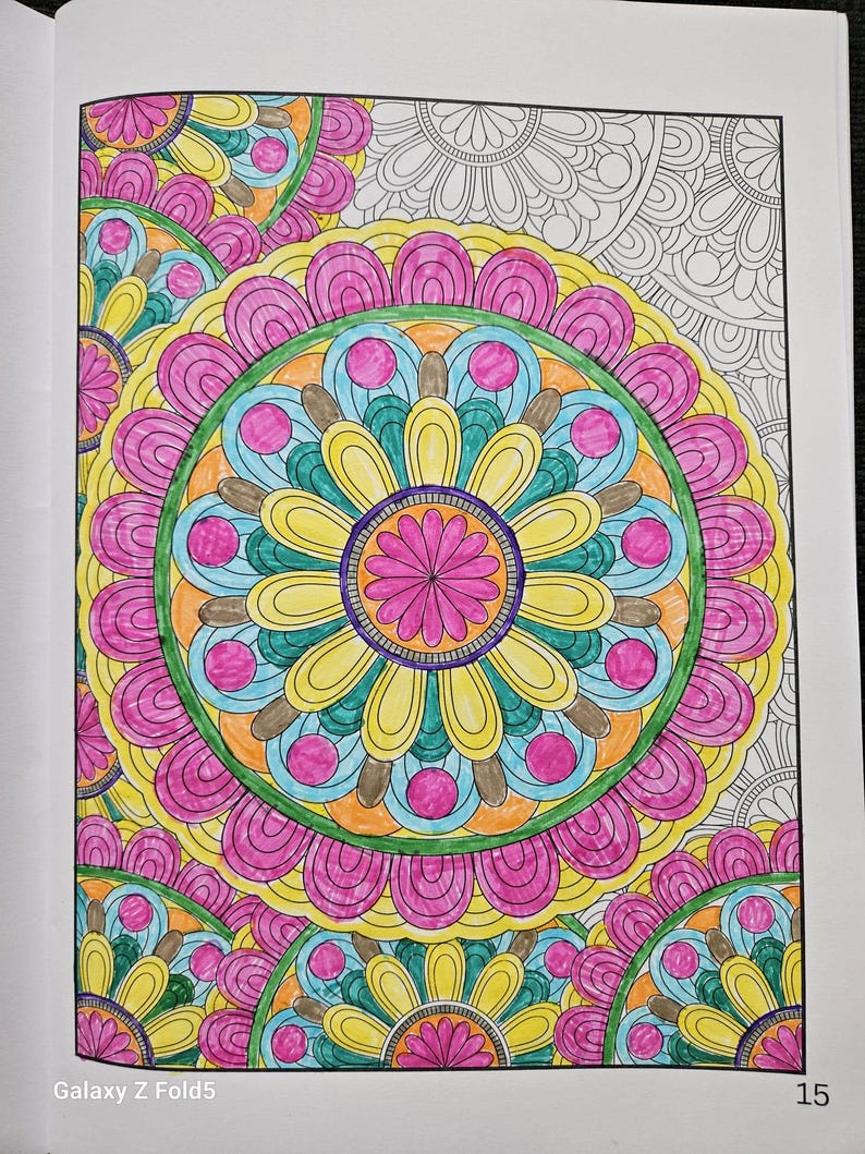 May include: A vibrant, hand-colored mandala design with concentric circles and floral patterns. The artwork features a central pink flower surrounded by yellow, blue, and brown petals, all outlined in black. The design is set against a white background.