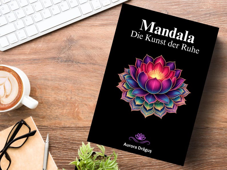 May include: A book titled "Mandala Die Kunst der Ruhe" with a vibrant lotus flower illustration on the cover. The cover is black with white text and a colorful floral design. The book is on a wooden surface.