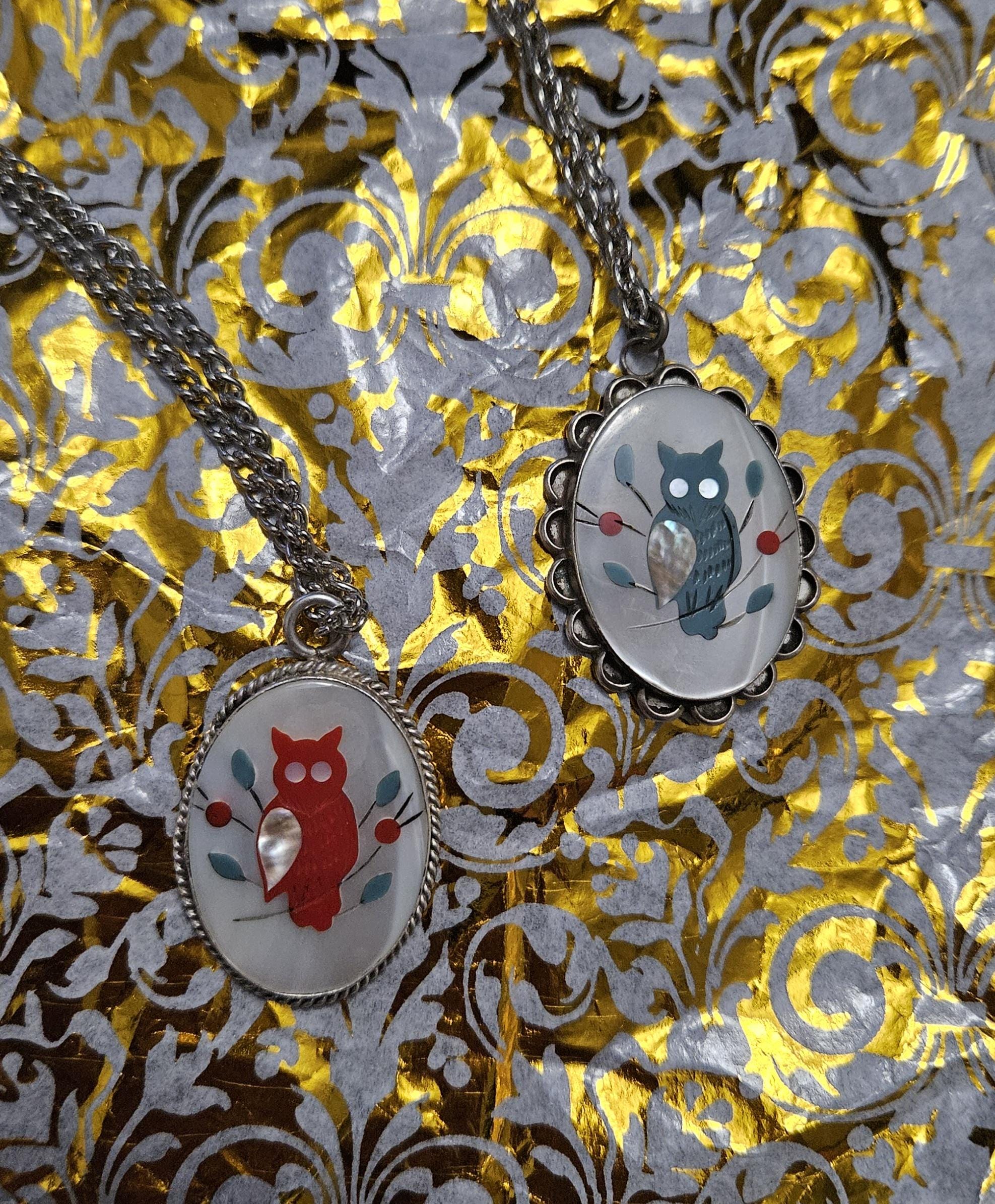 Two vintage Native American sterling silver owl pendant with mother-of-pearl, onyx, coral, and turqu