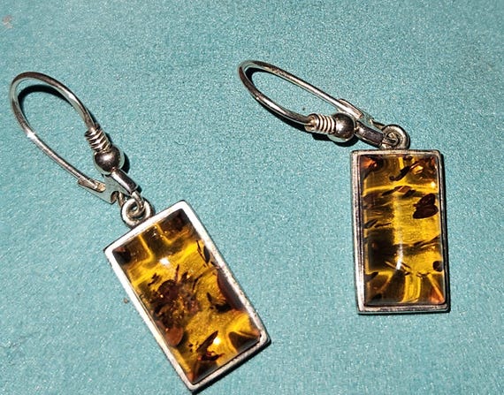 Sterling Silver 925 Rectangular Amber Dangle Earr… - image 1