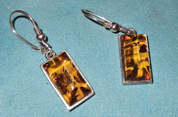 Sterling Silver 925 Rectangular Amber Dangle Earr… - image 3