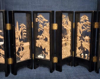 Chinese 6-Panel Carved Wood Folding Screen with Cranes, Birds, and Pagodas