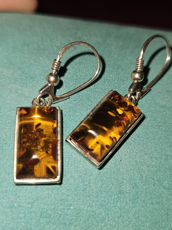 Sterling Silver 925 Rectangular Amber Dangle Earr… - image 4