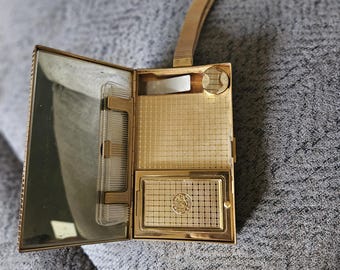 Vintage Gold Tone Cosmetic Compact Mirror, Comb, Powder Compartment, 1930s