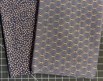 LEWIS & IRENE fabric // 2 Navy Metallic Fat Quarters // Copper Colored Accents