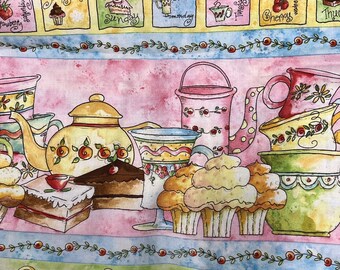 Tea & Sweets // 66 inches x width of fabric or 1 5/6 yards // Studio R // Teacups pastel strip crumpets