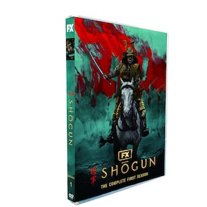 May include: DVD case for "Shōgun: The Complete First Season." The cover features a samurai on horseback with a sword, set against a backdrop of red and teal. The FX logo is visible, along with the show's title.