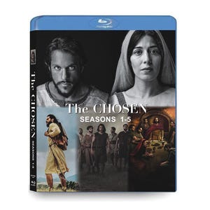May include: Blu-ray disc case for "The Chosen: Seasons 1-5." The cover features images of several people, including a man with a beard and a woman wearing a head covering. The title is in white, with the season numbers below.