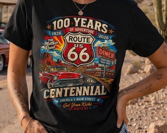 Route 66 Centennial 100 Years T-Shirt | Vintage Diner Classic Car Design