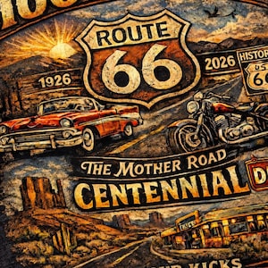 May include: A dark gray t-shirt featuring a graphic print of Route 66. The design includes a classic red car, a motorcycle, a desert landscape, and text reading 100 YEARS, ROUTE 66, 1926, 2026, THE MOTHER ROAD, CENTENNIAL, and GET YOUR KICKS ON ROUTE 66.