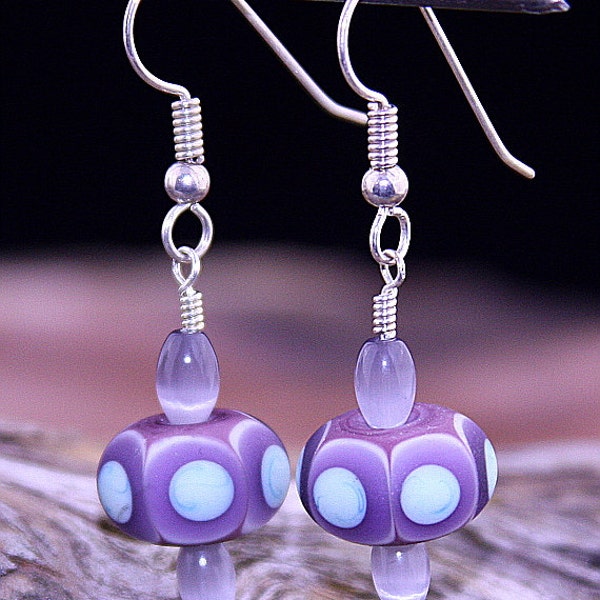Purple and Green Dots Earrings Handmade Lampworked Glass Beads Finished Sterling Silver Lampwork