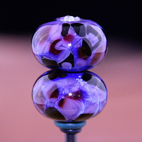 Midnight Wisteria PAIR Handmade Lampworked Glass Beads OOAK Purple Fuchsia Blue Pink Donuts Lampwork