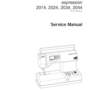May include: Line drawing of a sewing machine with the text "expression 2014, 2024, 2034, 2044" and "Service Manual". The machine has a digital display and control buttons. The brand name "PFAFF" is visible.