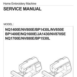 May include: A black and white service manual for a Brother home embroidery machine. The manual includes the text "SERVICE MANUAL" and a list of machine models. Two line drawings of embroidery machines are shown.