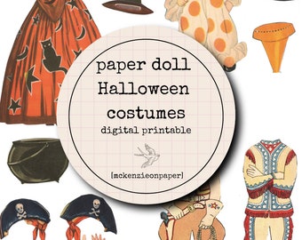 May include: A digital printable featuring vintage Halloween paper doll costumes. The image includes a witch's dress, a clown outfit, pirate attire, and a cowboy costume. The costumes are in shades of orange, black, and cream, with accents of red and blue.