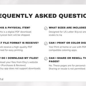 May include: White document with the title "FREQUENTLY ASKED QUESTIONS" in bold, black text. The document answers questions about digital PDF downloads, file formats, and printing options. The document is designed for US Letter (8.5x11) and A4 sizes.