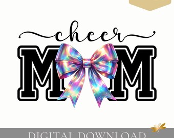 Cheer Mom PNG | Script Font Design, Iridescent Bow Coquette (Digital Download)